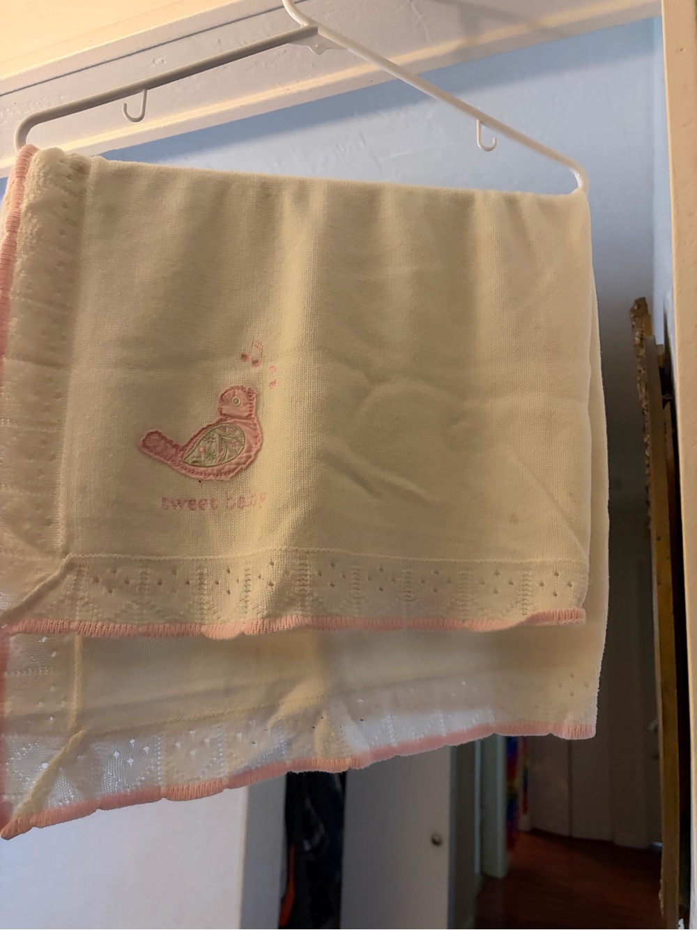 Cream and Pink Baby Blanket with Bird Embroidery